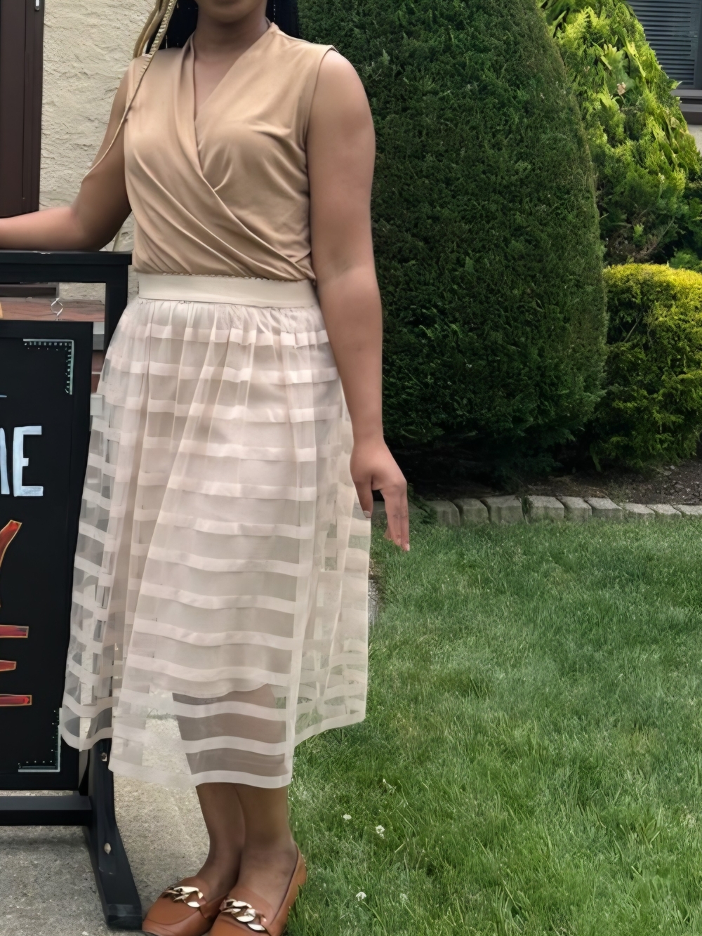 Women’s Cream Layered Stripe Midi Skirt & Tan Blouse Set